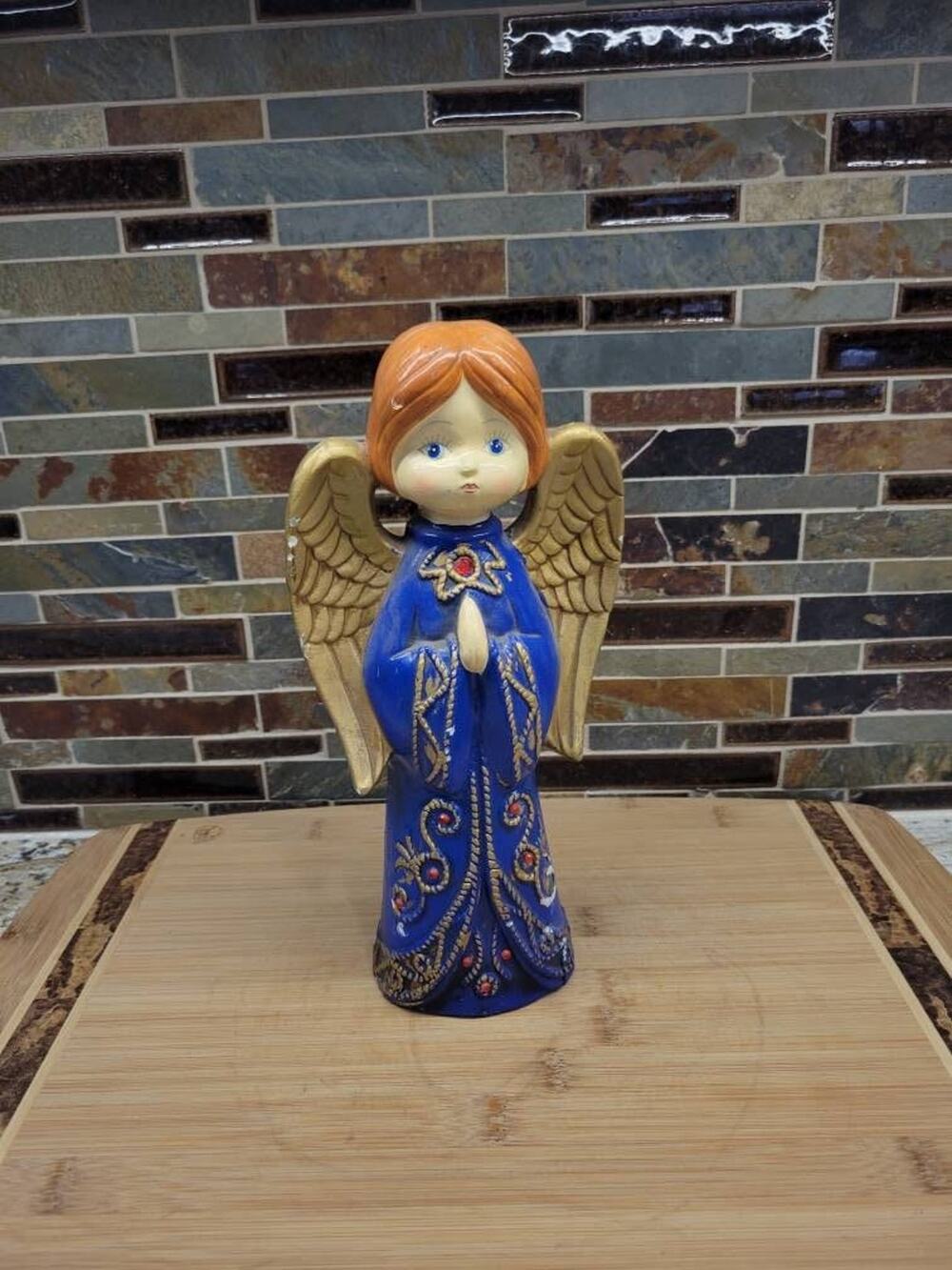 Vtg 1960s Ardco Japan Paper Mache Praying Angel Figurine Blue Jeweled MCM As Is